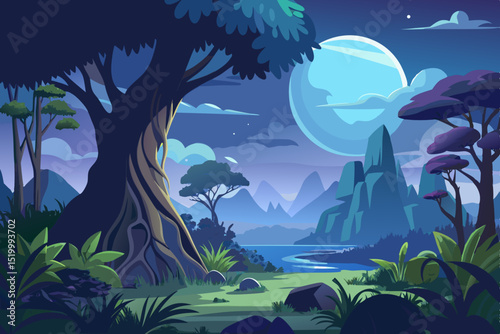 Serene Night Landscape Design featuring a majestic tree moonlit mountains and lush foliage ideal for game backgrounds branding or logo creation