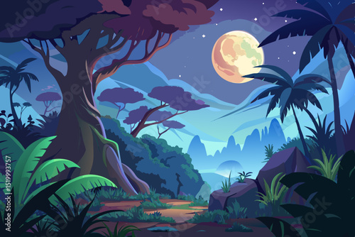 Serene Nighttime Jungle Landscape Design featuring Tropical Trees and a Full Moon Background