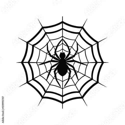 Spider sits in the center of his web silhouette vector illustration
