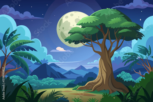 Serene Night Landscape Design featuring a Majestic Tree under a Full Moon a perfect scalable graphic for branding projects
