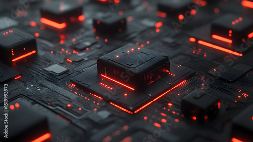 Futuristic technology background with glowing red lights and circuit board design for digital innovation