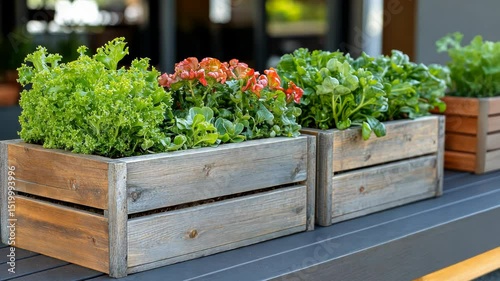 Wooden planter boxes with various leafy greens and flowers