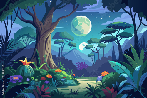 A mystical night scene in a vibrant jungle with large moon and lush foliage perfect for game design or branding