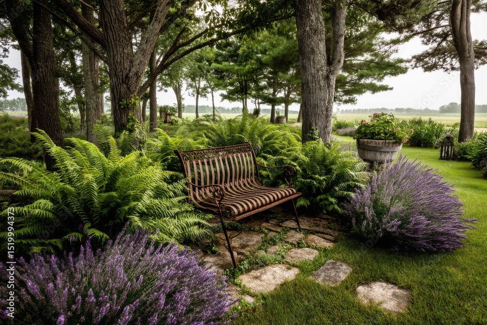 Obraz premium An inviting garden scene with a weathered iron bench surrounded by lush green ferns, lavender, and a peaceful atmosphere beckoning one to sit and relax.