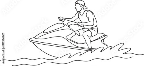 Man Riding Jet Ski on Sea Line Art