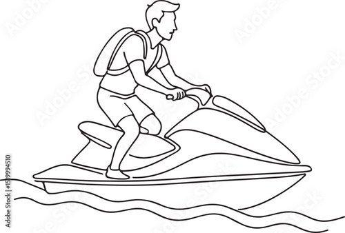 Sporty Tourist Man Riding Jet Ski Line Drawing
