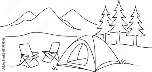 Camping Landscape with Tents and Mountains Drawing