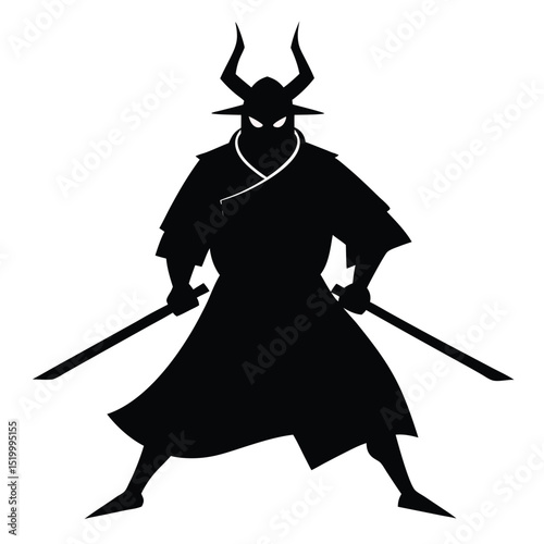 Powerful Silhouette of a Horned Samurai Warrior Vector Illustration