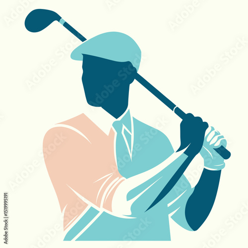 Stylish vector in pastel colors golfer preparing to swing, representing elegance and precision in the sport of golf on transparent background for luxury sports branding