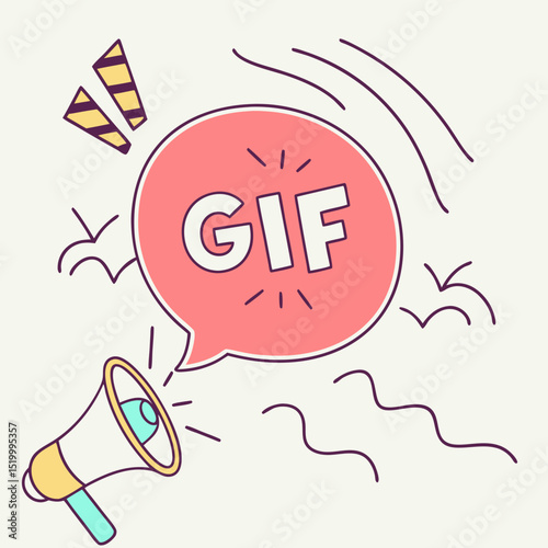 Cartoon speech bubble with text GIF and megaphone illustration  