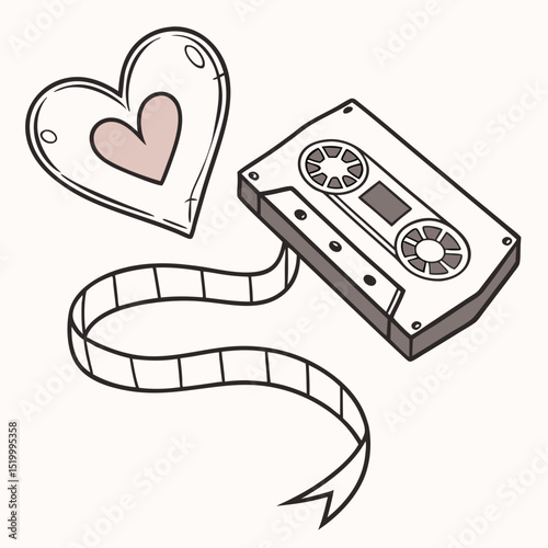 Retro cassette tape with heart and film strip in playful design  