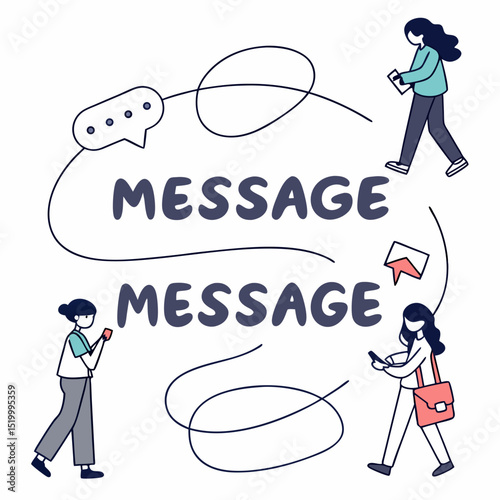 Two women texting while communicating with messages in digital style  