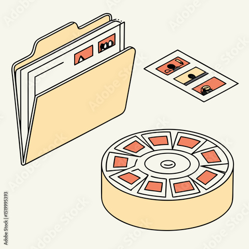 Vintage film reel and slides with folder on neutral background  