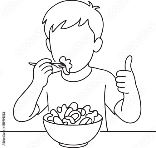 Child Eating Healthy Food with Thumb Up Gesture Drawing