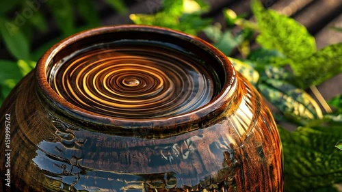 Water swirling in a decorative brown pot, surrounded by greenery