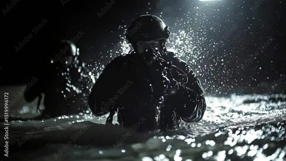 Night operation featuring special forces emerging from the water during a mission