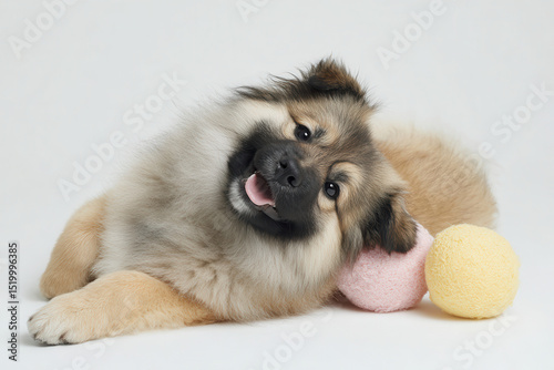 playful dog joyfully interacting with soft toy on clean white background