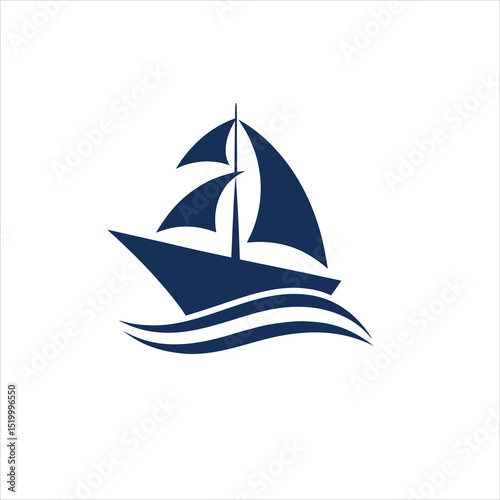 A simple blue sailboat with two sails floating on stylized blue waves
