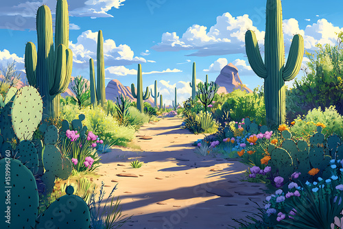 Cactus Lined Desert Trail Under Harsh Sun