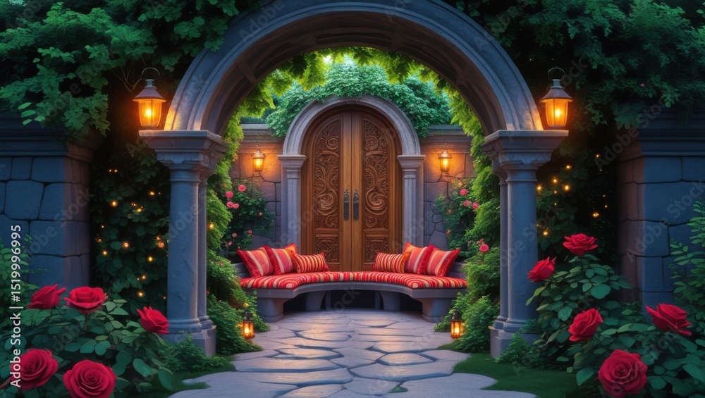 Fototapeta premium A serene garden scene with a stone archway leading to a wooden door and a stone bench with cushions