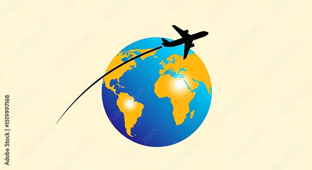 Naklejka premium Airplane Silhouetted Taking Flight Over Earth Globe, Global Travel Concept in Minimalist Flat Vector Illustration with Bright Sunrise, High-Contrast Black on Yellow/Blue, Aviation and Worldwide