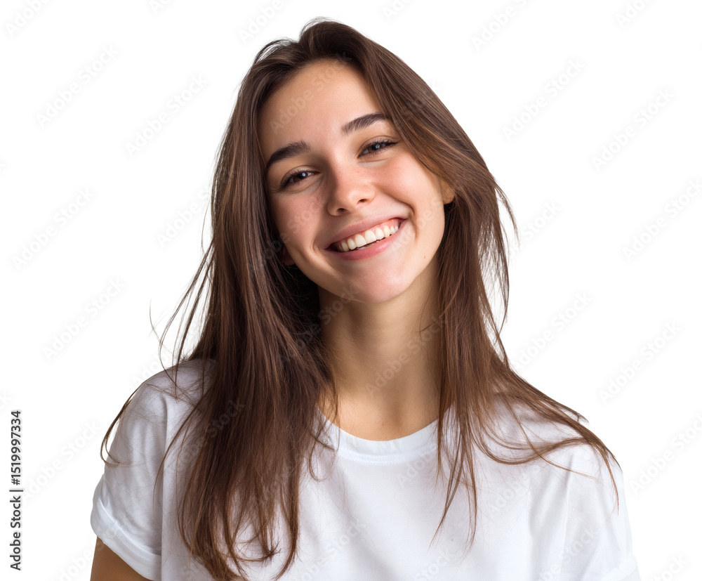 Smiling young woman with long brown hair in a white t-shirt, looking happy and joyful. Smiling young woman with long brown hair in a white t-shirt, looking happy and joyful.