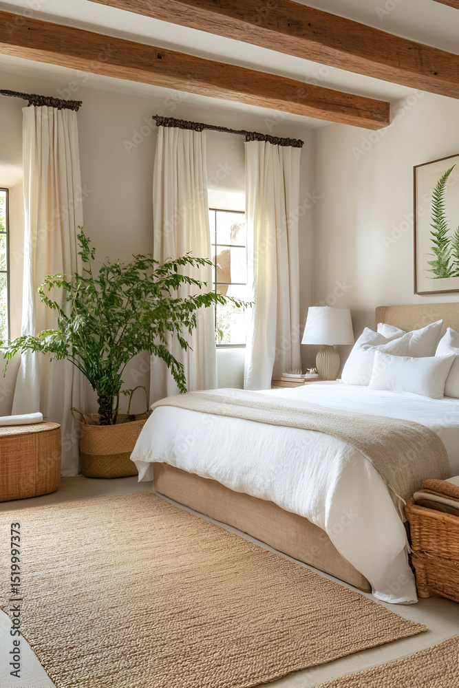 Fototapeta premium A contemporary bedroom with natural wood furniture, white linens, and green plant accents