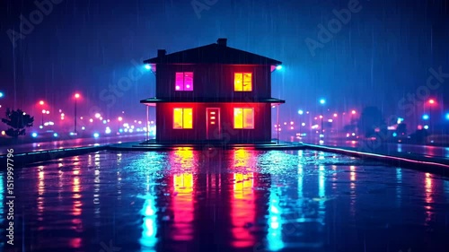 Neon-lit house on a rainy night