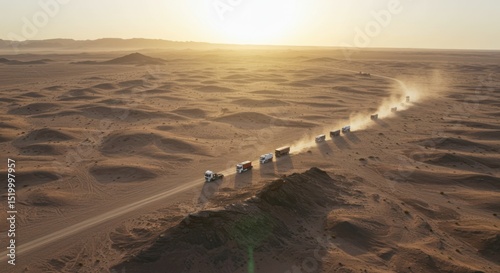 Trucks caravan on desert journey with dust trails creating an atmospheric scene