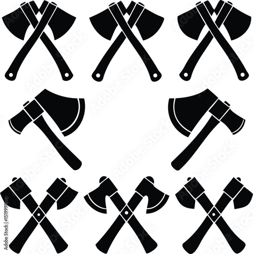 Silhouette vector set of various axe and hatchet styles, including crossed blades, ideal for forestry, lumberjack themes, survival tools, and outdoor equipment illustrations