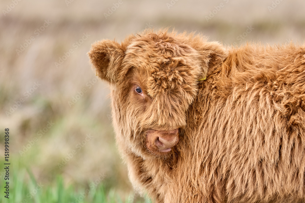 Portrait of a funny scottish highland cattle calf on a pasture in Scotland Portrait of a funny scottish highland cattle calf on a pasture in Scotland
