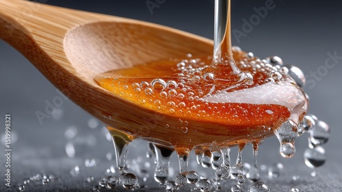 A wooden spoon dripping with honey, a close-up of the liquid flowing down from it and creating bubbles on its surface, against a gray background.