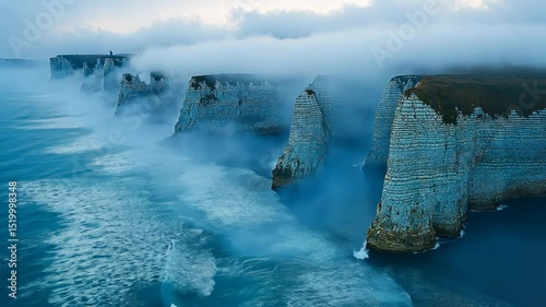 Dramatic coastal cliffs shrouded in mist, with powerful waves crashing against the shore