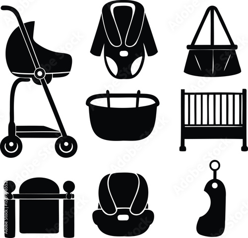 Silhouette vector set of baby gear essentials including stroller, car seat, crib, feeding chair, and carriers, perfect for parenting, maternity, and childcare product illustrations