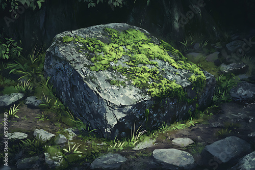 Moss Covered Stone on Forest Floor