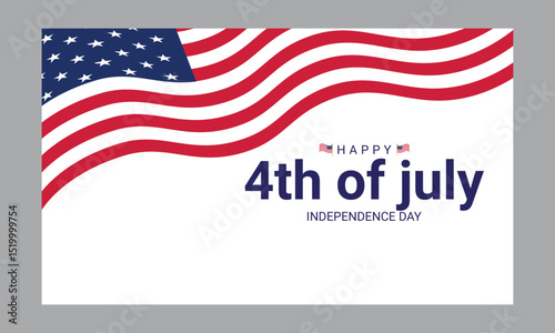4th of July Banner Vector Illustration, USA flag waving with stars on white  background.
