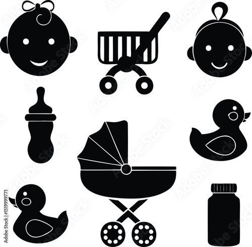 Silhouette vector set of baby items including stroller, rubber ducks, milk bottles, and baby faces with pacifiers, ideal for baby care, maternity, and parenting product illustrations