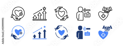 Help and Support icon set with Relief, Lift Up, Help, Assistive Technology and Agreement.