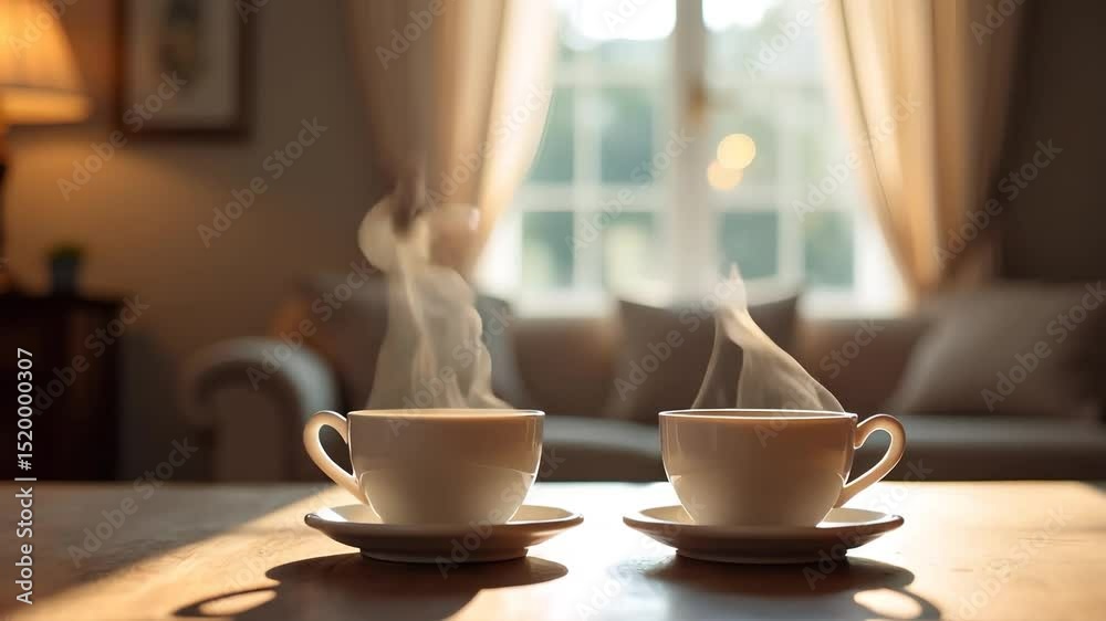 Two cups of hot coffee or tea with rising steam on a wooden table in a cozy living room against a blurred background of sofa and window in the sunshine.