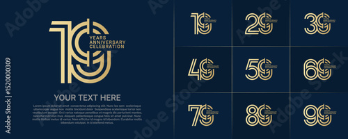 Anniversary logo type set with double line number. golden color for celebration event