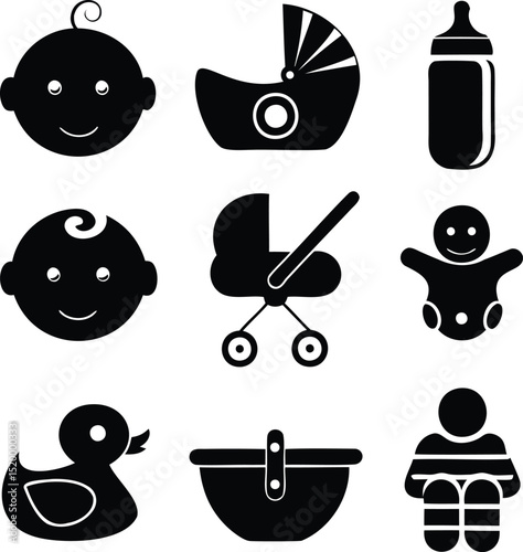 Silhouette vector set of baby essentials including baby face, stroller, milk bottle, rubber duck, and toys, perfect for childcare, parenting, and baby product design themes