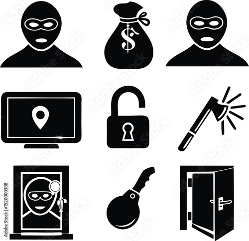 Silhouette vector set of robbery and crime icons including burglar, money bag, weapon, unlocked padlock, key, door, and security screen, great for law enforcement visuals