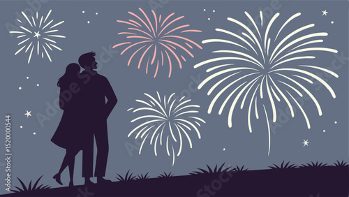 Couple watching fireworks display new year's eve celebration romantic night sky holiday event vector graphic