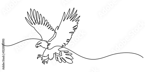 Eagle as symbol USA. One line continuous bird. Line art, outline, single line silhouette. Hand drawn vector illustration, An eagle soars in the sky with its wings spread wide. A large bird of prey.