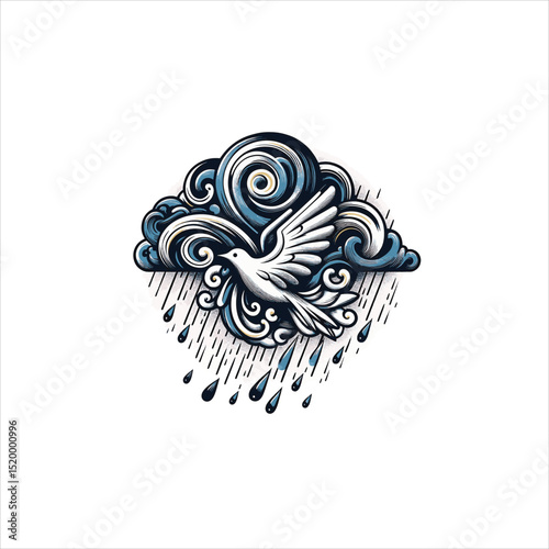 Illustration of a white dove flying from a swirling rain cloud design