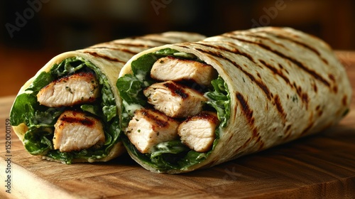 Two grilled chicken wraps filled with spinach and a creamy sauce, sliced open, on a wooden board photo