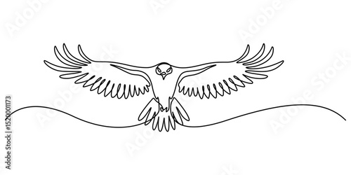 Eagle as symbol USA. One line continuous bird. Line art, outline, single line silhouette. Hand drawn vector illustration, An eagle soars in the sky with its wings spread wide. A large bird of prey.