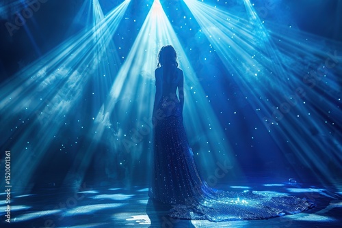 A woman stands in a dramatic spotlight, wearing a shimmering blue gown, gazing into the distance with a serene expression. photo