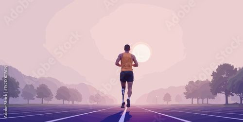 Male runner jogging on a track during sunset with mountains in background  