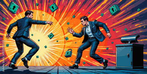 Two businessmen arguing while surrounded by money and locks  